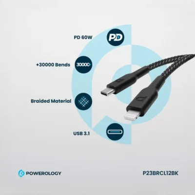 کابل شارژ تایپ سی به لایتنینگ 60 وات پاورولوژی Powerology Braided PD Data Cable P23BRCL12 7