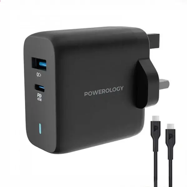 آداپتور شارژ 45 وات با کابل همراه پاورولوژی Powerology Ultra-Quick GaN Charger PWCUQC004