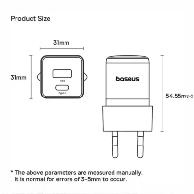آداپتور شارژ 20 وات دو پورت با کابل بیسوس BASEUS Palm USB+Type-C Dual Port CCZC20UE 4