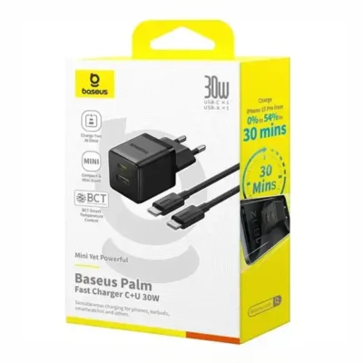 آداپتور شارژ دو پورت 30 وات با کابل Baseus Palm Fast Charger 30W Type-C+USB CCZC30UE 5