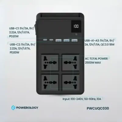 چندراهی برق 2500 وات به همراه کابل جمع شونده پاورولوژی Powerology Power Strip PWCUQC029 9