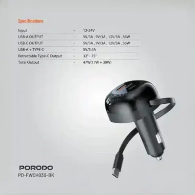 شارژر فندکی 47 وات همراه با کابل تایپ سی پرودو Porodo Dual Port Car Charger PD-FWCH030 11