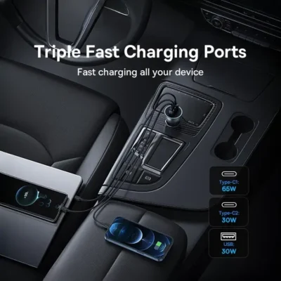شارژر فندکی 65 وات 3 پورت بیسوس Baseus 65W Golden Contactor Pro Gan Chip CCJDZ65-UCC 5