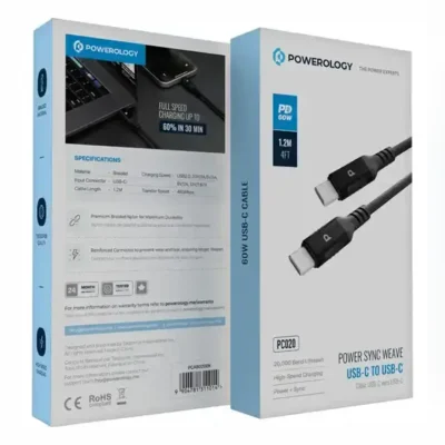 کابل شارژ دو سر تایپ سی 1.2 متر 60 وات پاورولوژی Powerology Cable PCAB020LGY 3
