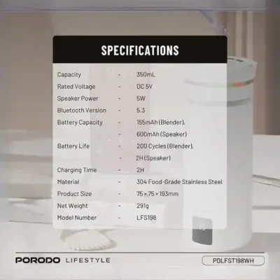 ماگ همزن مغناطسی و اسپیکر پرودو Porodo Fluxmix 350mL Stirring Cup with Speaker PDLFST198WH 9