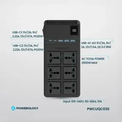 چندراهی برق 2500 وات به همراه کابل جمع شونده پاورولوژی Powerology 6AC Power Strip PWCUQC030 13