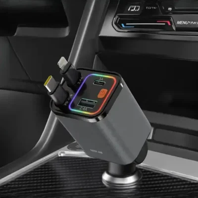 شارژر فندکی 65 وات با کابل جمع شونده گرین لاین Green Lion Retractable Car Charger GNRTCC65WGY 3