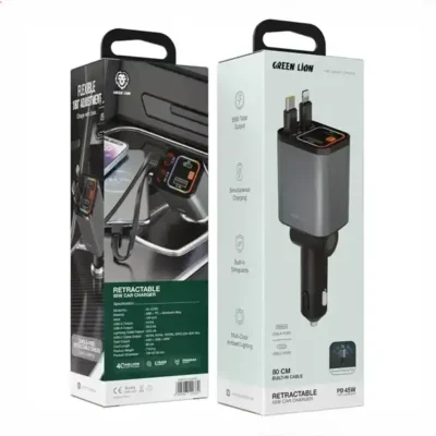 شارژر فندکی 65 وات با کابل جمع شونده گرین لاین Green Lion Retractable Car Charger GNRTCC65WGY 4