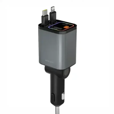 شارژر فندکی 65 وات با کابل جمع شونده گرین لاین Green Lion Retractable Car Charger GNRTCC65WGY