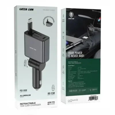 شارژر فندکی 75 وات با کابل جمع شونده گرین لاین Green Lion Retractable Car Charger GNRT75WCCGY 3