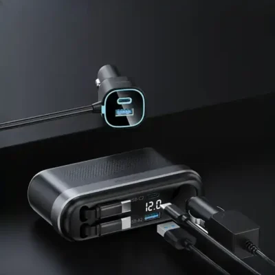 شارژر فندکی 60 وات با کابل جمع شونده پاورولوژی Powerology Currnex Car Charger PCCSR19BK 2