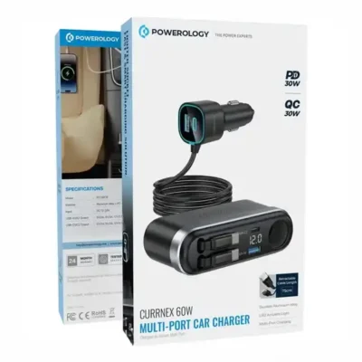 شارژر فندکی 60 وات با کابل جمع شونده پاورولوژی Powerology Currnex Car Charger PCCSR19BK 4