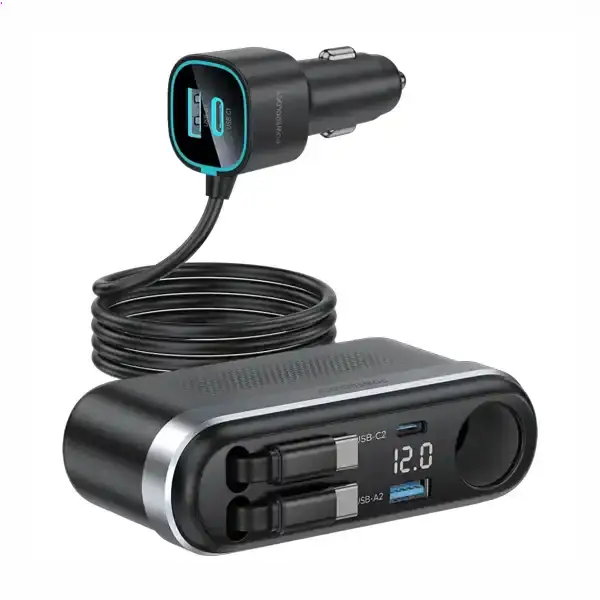 شارژر فندکی 60 وات با کابل جمع شونده پاورولوژی Powerology Currnex Car Charger PCCSR19BK