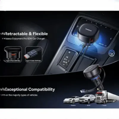 شارژ فندکی 60 وات با کابل جمع شونده بیسوس Baseus Enjoyment Pro Car Charger C0203100 6