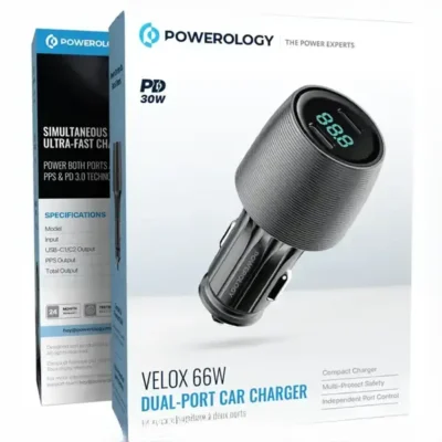 شارژر فندکی 66 وات دو پورت پاورولوژی Powerology VeloxCar Charger PCCSR021BK 5