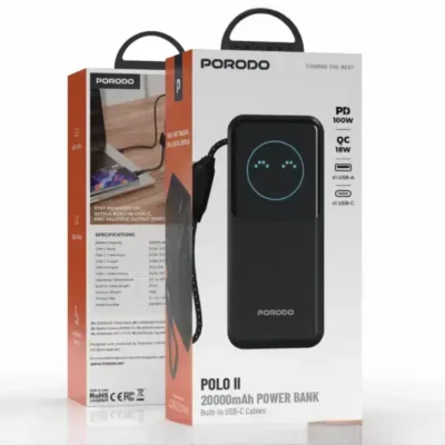 پاوربانک 20000 هوشمند با کابل پرودو Porodo POLO II POWER BANK PDPBFCH0101BK 4