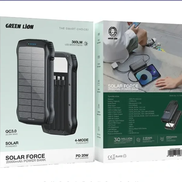 پاوربانک خورشیدی 20 وات 20000 گرین لاین GREEN LION Solar Force POWER BANK GNSOLF20PBBK
