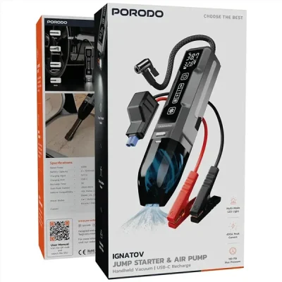 جامپ استارت و پمپ باد و جارو شارژی پرودو Porodo Ignatov Jump Starter & Air Pump with Handheld Vacuum PDJS41BK 2