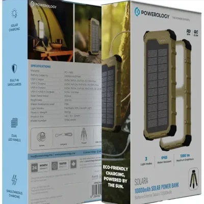 پاوربانک خورشیدی 20 وات 10000 پاورولوژی POWEROLOGY SOLARA POWER BANK PPBCHA100KH 2