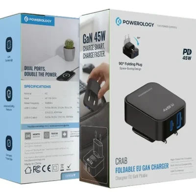 شارژر دیواری پاورولوژی Powerology Crab Foldable EU GaN Charger PWCUQC066BK 4